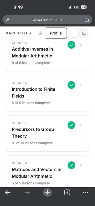 A mobile screenshot of app.rareskills.io showing completed lesson chunks including 'Additive Inverses in Modular Arithmetic', 'Introduction to Finite Fields', 'Precursors to Group Theory', and 'Matrices and Vectors in Modular Arithmetic'.