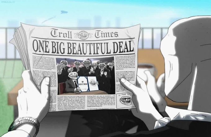 A black and white animated scene of a character reading the 'Troll Times' newspaper with the headline 'ONE BIG BEAUTIFUL DEAL', showing a photo of troll-faced politicians signing a document.