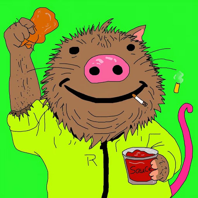 A cartoon illustration of a brown wild boar-like character wearing a neon green hoodie, holding a piece of fried chicken in one hand and a jar labeled 'Sauce' in the other, with a cigarette in its mouth.