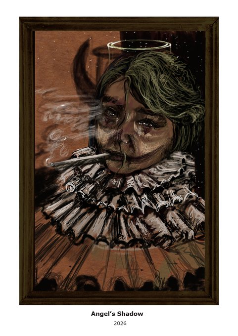 A framed artwork titled 'Angel's Shadow' (2026) depicting a person with green hair smoking a cigarette, wearing a ruffled collar with a halo above their head.