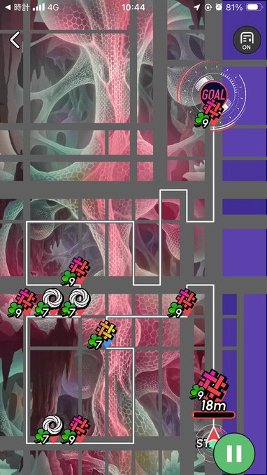 A screenshot of a mobile game showing a complex level with grid pathways, abstract biological background art, and various enemy units including red crabs and swirls.
