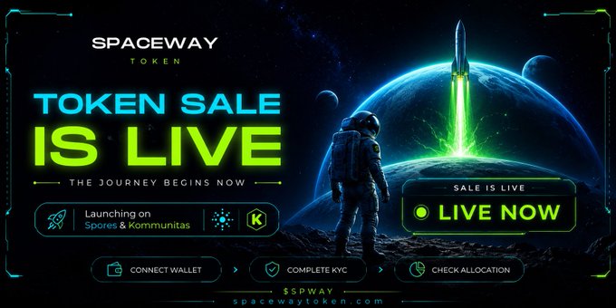 A promotional banner for 'SPACEWAY TOKEN' announcing that the token sale is now live, launching on Spores & Kommunitas, with calls to action to connect wallet, complete KYC, and check allocation at spacewaytoken.com.