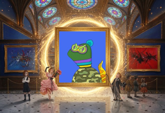 An ornate gallery display showcases a vibrant digital artwork of a whimsical figure in a green beanie and sunglasses holding a torch, framed by a glowing golden portal, with elegantly dressed patrons admiring the piece—visually echoing the post's celebration of being recognized as a top 201 committed NFT collector and the personalized, immersive nature of the 3-Act Experience.