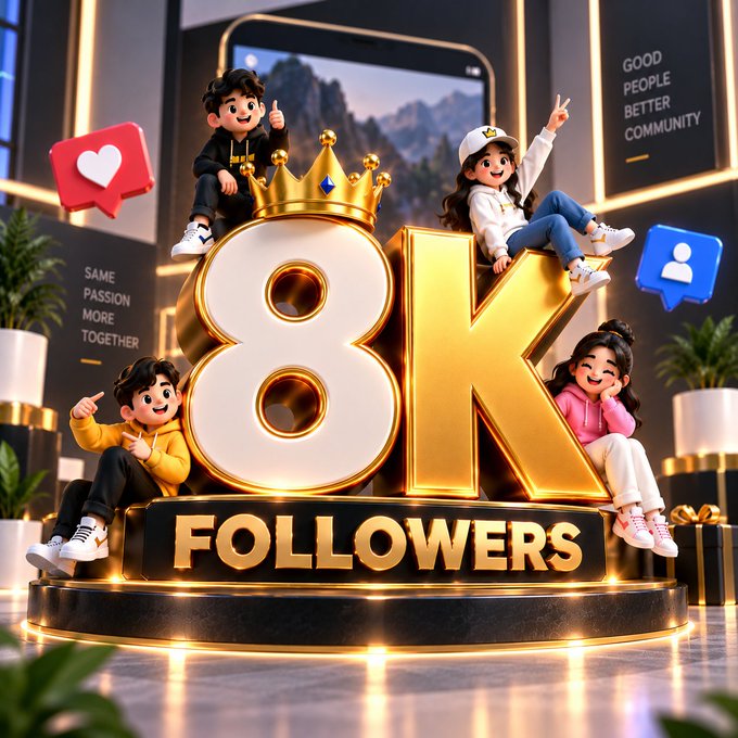 A vibrant 3D graphic celebrates '8K FOLLOWERS' with golden letters, featuring four chibi-style cartoon characters and social media icons in a modern, neon-lit room.