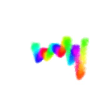 A colorful abstract blurred design featuring overlapping pink, green, blue, yellow, and purple circular shapes forming a rough letter 'M' or 'W' shape on a white background.