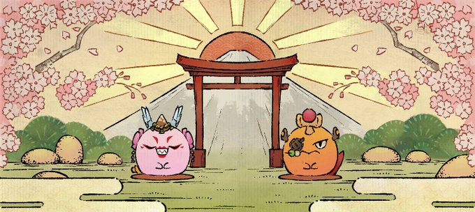 Two cute axolotl-like creatures stand before a torii gate beneath a rising sun, flanked by cherry blossom trees, fitting the post's playful challenge asking players to show off their collectible Axie characters.