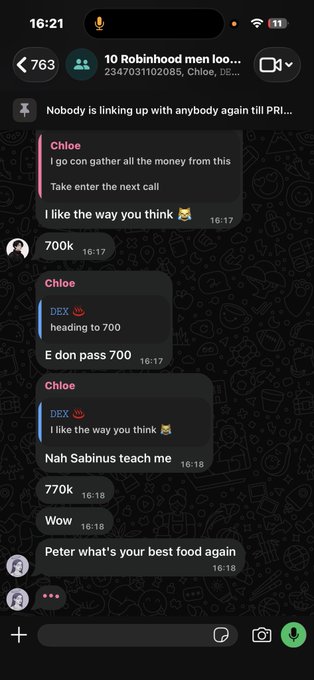A group chat titled "10 Robinhood men loo..." shows members celebrating a massive portfolio surge, with Chloe and DEX excitedly tracking the climb from 700k to 770k, joking "E don pass 700" and playfully asking Peter about his "best food again" as they approach the 800k target mentioned in the caption.