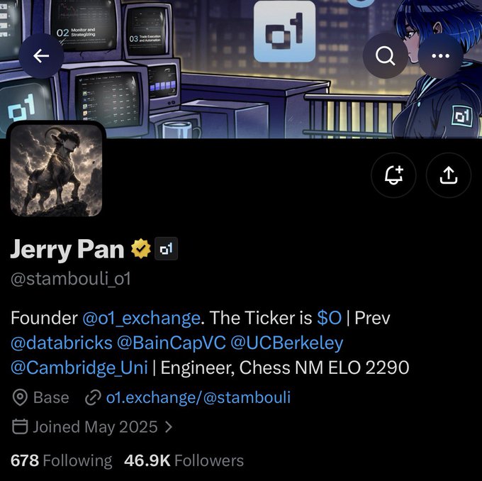 A Twitter/X profile page for Jerry Pan (@stambouli_o1), founder of @o1_exchange, noting 'The Ticker is $O', with previous experience at Databricks, BainCapVC, UC Berkeley, and Cambridge University; the account has 46.9K followers.