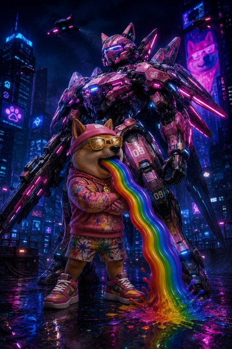 A cyberpunk-style Shiba Inu dog wearing sunglasses, a pink hoodie, and shorts vomits a rainbow stream while standing in front of a large mechanical robot in a neon-lit cityscape.
