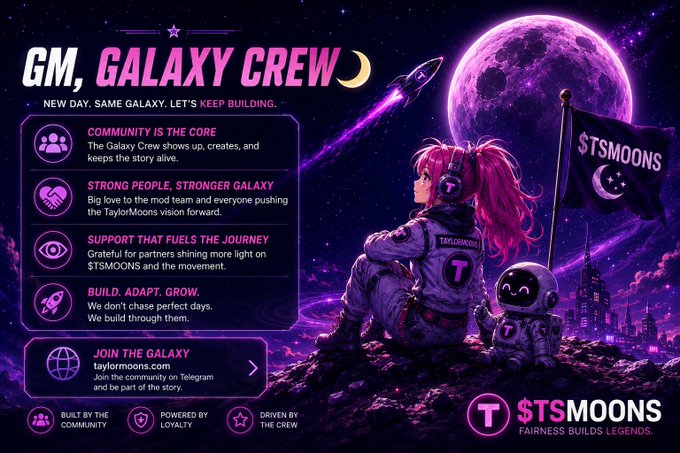 A promotional graphic titled 'GM, GALAXY CREW' for $TSMOONS, featuring an anime-style character with pink hair on a moon against a starry purple space background, listing community values.