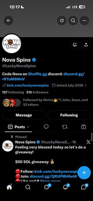 A screenshot of an X (Twitter) profile for 'Nova Spins' (@LuckyNovaSpins) with 137 Following and 515 Followers, featuring a pinned giveaway post offering a '$50 SOL giveaway'.