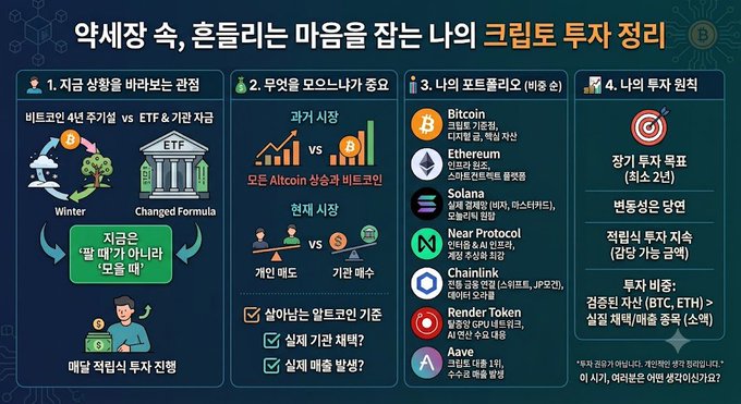 Korean-language infographic titled '약세장 속, 흔들리는 마음을 잡는 나의 크립토 투자 정리' detailing crypto winter strategies, altcoin market comparison, portfolio of Bitcoin, Ethereum, Solana, Near Protocol, Chainlink, Render Token, and Aave.