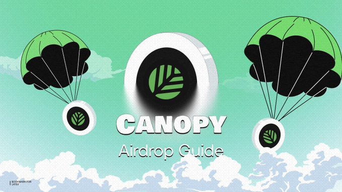 Canopy Airdrop Guide promotional graphic showing parachutes with the Canopy logo descending from the sky against a turquoise and cloud background.
