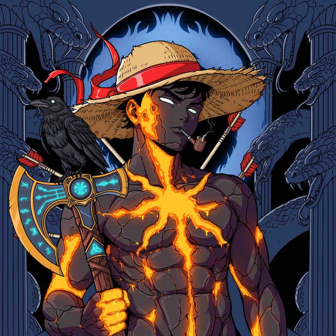A digital illustration of a muscular figure with glowing orange cracks across dark stone-like skin, wearing a straw hat with a red ribbon and smoking a pipe, accompanied by a black raven on his shoulder and holding a glowing axe, set against a backdrop of serpent pillars and a full moon.