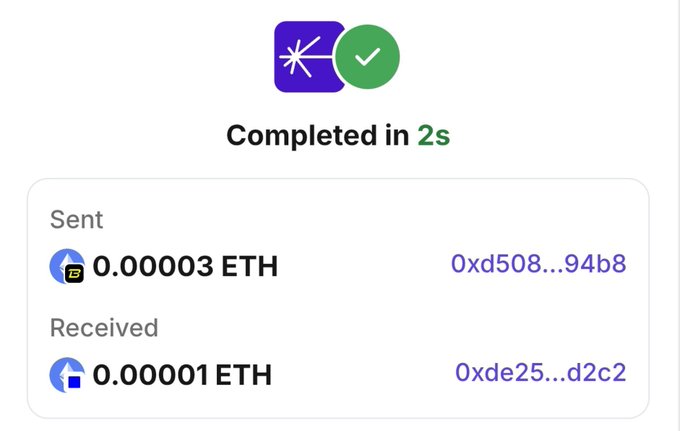 A transaction confirmation screen showing a completed swap in 2s, with 0.00003 ETH sent from 0xd508...94b8 and 0.00001 ETH received at 0xde25...d2c2.