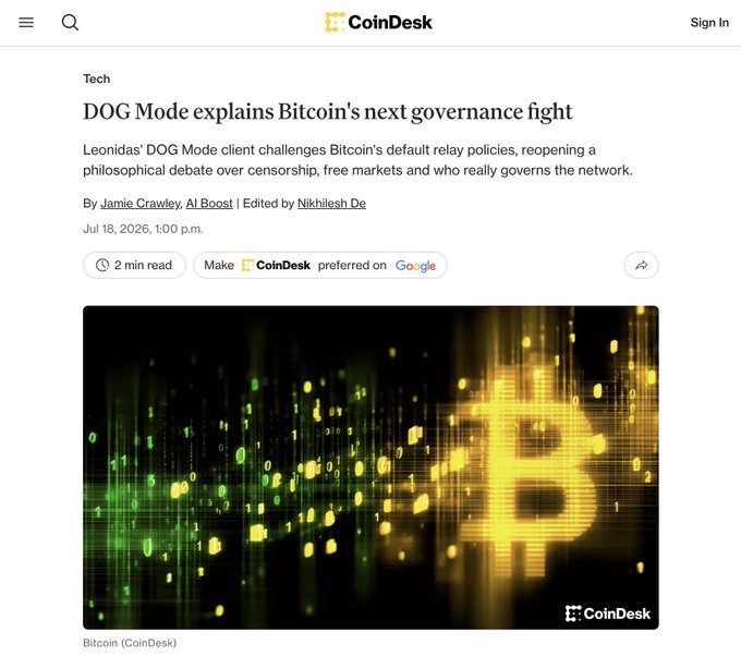 A CoinDesk article headlined "DOG Mode explains Bitcoin's next governance fight," featuring a Bitcoin logo against a digital code backdrop, highlights Leonidas' DOG Mode client being covered in mainstream crypto media as a challenge to Bitcoin's relay policies.