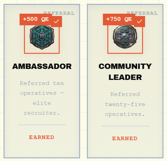 The image shows two badges, one for an Ambassador badge and another for a Community Leader badge. The badges are displayed side by side with their respective descriptions.
