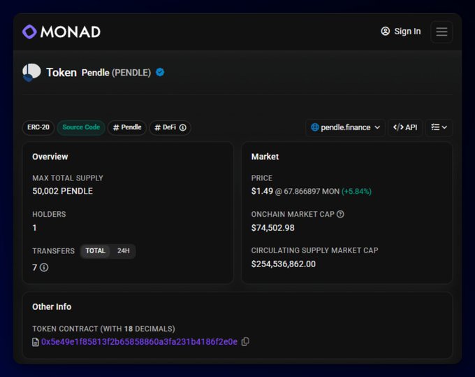 The image shows a screenshot of Monad's website, specifically the section for tokens called "TENDA". The main focus of this section is the token named "PENDLE" that has just arrived at the user's account. The text in the image reads "gmonad. $PENDLE has arrived on @Monad". This indicates that the user has recently received a new token from Monad, and it is now displayed prominently on their account page.