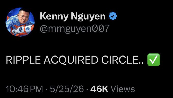 The image features a post that reads "Just In: Kenny Nguyen Says “Ripple Acquired Circle”. The post also includes a screenshot of a man's face, which appears to be a Twitter account or a social media profile. The caption for the post is about a new stablecoin called Ripple, and it mentions that @Ripple and $XRP are the second largest in the world.