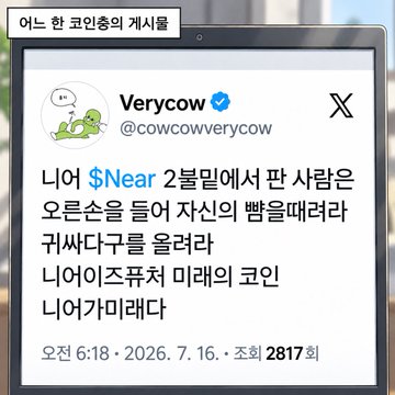 A laptop displays an X post from "Verycow" (@cowcowverycow) advising that traders who simply listen to others in a $Near bull market are like leeches riding on the host's back, calling NEAR coin "narcissistic." The cartoon cow profile and sarcastic tone illustrate the Xtoon series' theme of blaming poor trading decisions on herd mentality rather than taking responsibility for losses even in bullish markets.