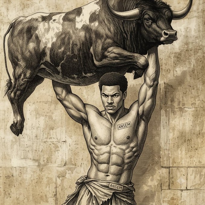 A vintage-style illustration depicting a muscular man with 'ANSEM' labels on his chest and loincloth, lifting a large bull above his head in a Hercules-like pose.