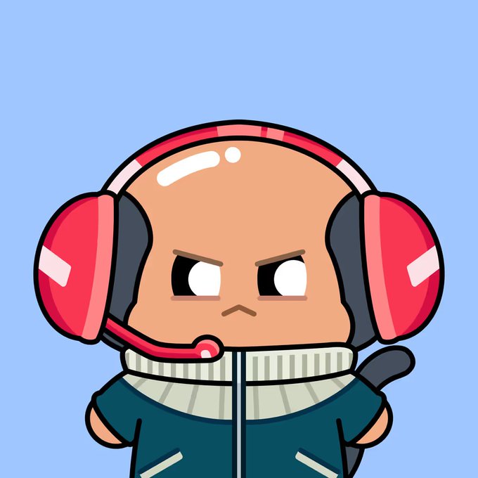 A cartoon chibi-style character with a round head, angry expression, wearing large red and pink headphones and a teal/green jacket against a light blue background.