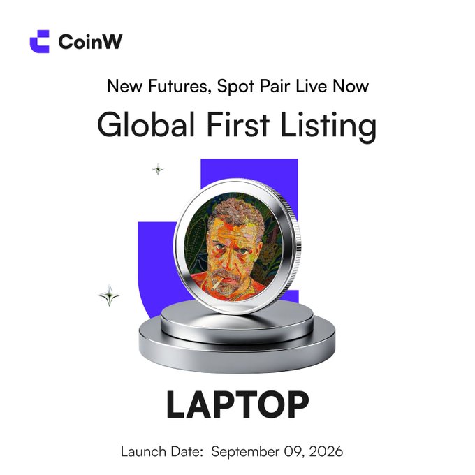 CoinW announces the global first listing of new futures and spot pair $LAPTOP, scheduled to launch on September 9, 2026, featuring a vibrant stylized portrait displayed on a silver coin pedestal that ties into the promotional campaign offering 50X leverage, over 1,000% APY on Hold & Earn, and up to 500 USDT in referral rewards.