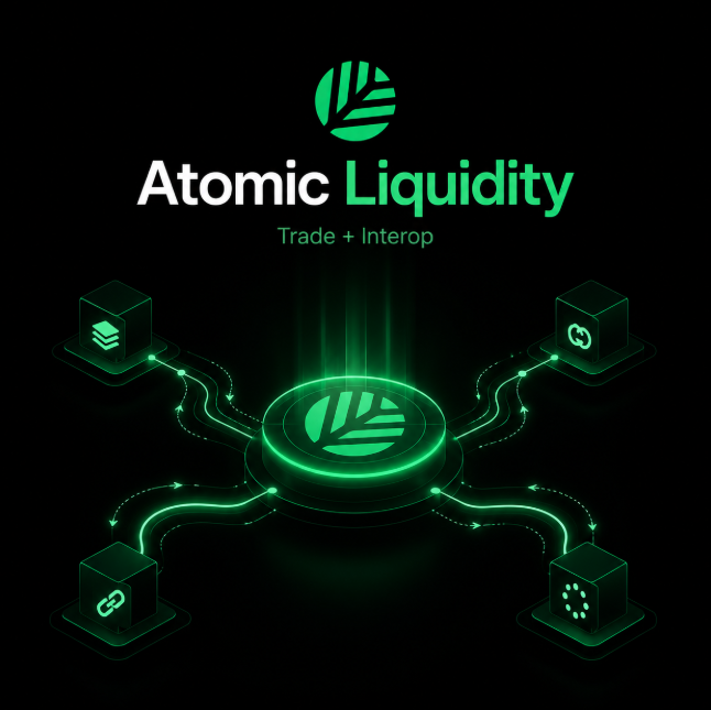 A promotional graphic for 'Atomic Liquidity' features a glowing green logo with the tagline 'Trade + Interop', showing connections radiating to four blockchain icons (Ethereum, Polygon, Polkadot, and another network) on a black background.