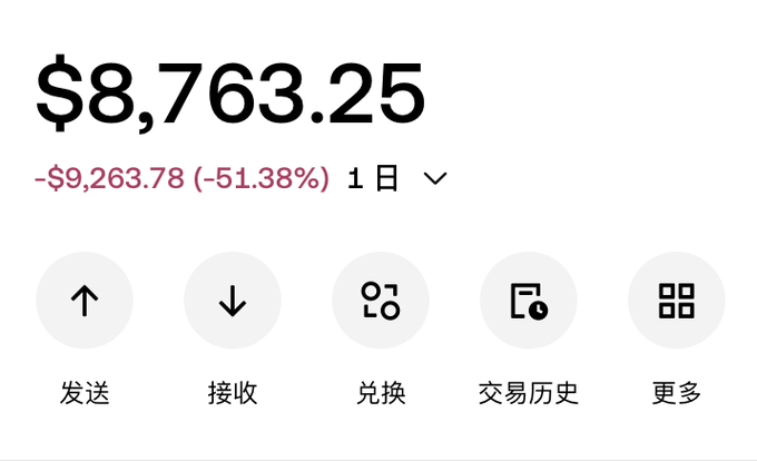 A cryptocurrency wallet balance display showing **$8,763.25** with a sharp **1-day decline of -$9,263.78 (-51.38%)**, featuring navigation icons for 发送 (Send), 接收 (Receive), 兑换 (Swap), 交易历史 (Transaction History), and 更多 (More). This visually illustrates the post's message about a wallet plummeting from ~$23,000 to ~$13,763 in just one day, reflecting the significant loss highlighted by the user.
