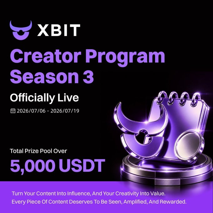 A promotional graphic for the XBIT Creator Program Season 3, featuring a purple calendar trophy and the XBIT logo against a black background. The image highlights key details from the announcement: "Creator Program Season 3 Officially Live" (2026/07/06 – 2026/07/19) with a "Total Prize Pool Over 5,000 USDT," visually reinforcing the post's call for creators to turn their content into influence and value.