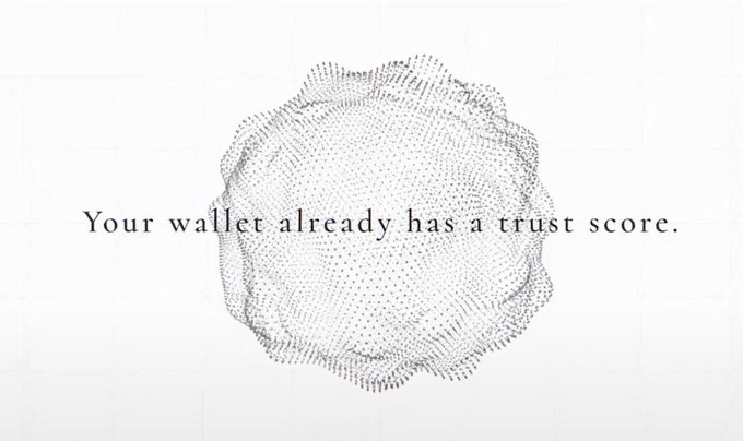A minimalist white graphic with the text 'Your wallet already has a trust score.' overlaid on a circular dot-pattern illustration resembling a fingerprint or flower.