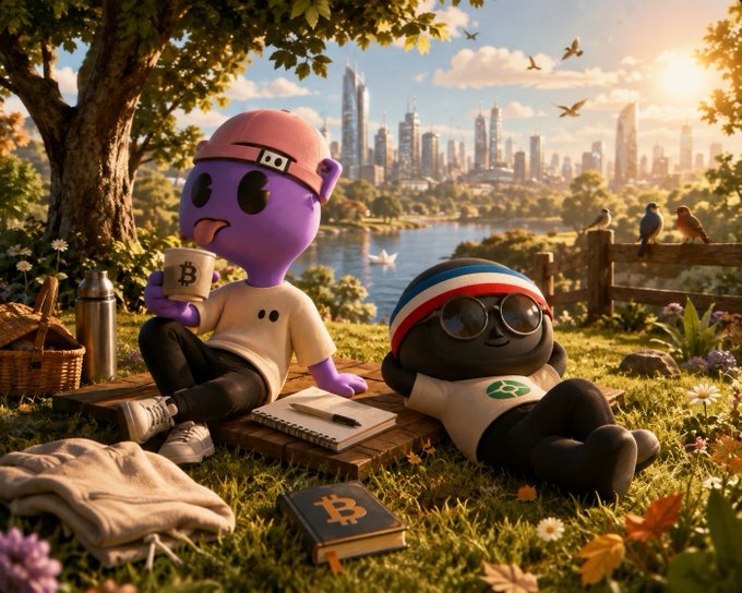 Two cartoon mascots—one purple holding a Bitcoin-branded coffee mug and a black one wearing a tricolor beanie with a green logo—relax on a picnic blanket in a sunlit park overlooking a futuristic city skyline, with a "Bitcoin" book at their feet. The scene visually echoes the post's "GM" message, blending crypto culture (BTC and green token symbols) with a peaceful Sunday morning moment of coffee and fresh air before the week ahead.