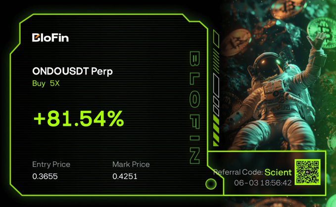 The image shows a poster for a cryptocurrency called "Blofin". It features an astronaut wearing a spacesuit, holding a coin, and standing against a black background with green neon lights. The poster also includes text that reads "ONDO higher", which is likely related to the cryptocurrency's name or its ranking in comparison to other cryptocurrencies.