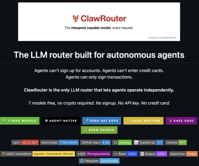 A promotional screenshot for "ClawRouter" — "The cheapest capable model, every request" — describing it as an LLM router for autonomous agents, with feature tags including "7 FREE MODELS", "AGENT-NATIVE", "ZERO API KEYS", "LOCAL ROUTING", "x402 USDC", and "OPEN SOURCE".