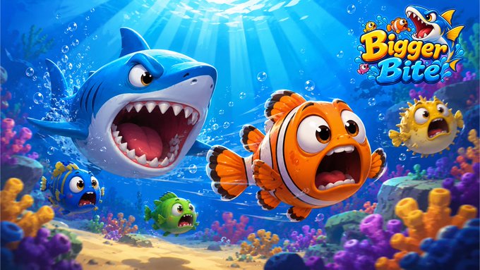 A vibrant underwater scene shows a menacing shark with bared teeth chasing wide-eyed fish and a pufferfish through colorful coral reefs, with the "Bigger Bite" logo displayed in the top right corner. The cartoonish artwork visually represents the new game teased by NAKA, capturing the playful "big bite" theme and the tense chase gameplay that players can look forward to.
