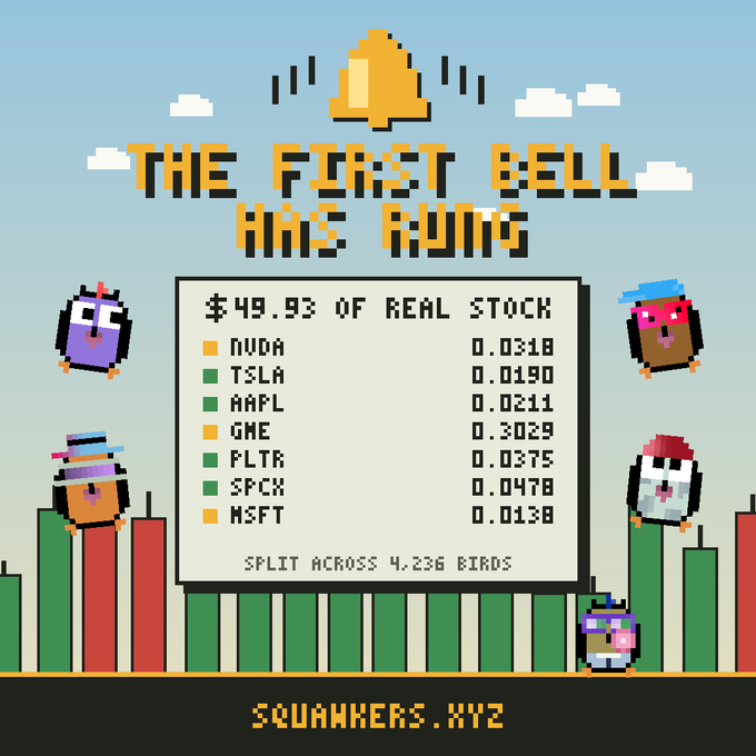 Pixel art artwork titled 'THE FIRST BELL HAS RUNG' depicting a stock portfolio breakdown of $49.93 split across tickers NVDA, TSLA, AAPL, GME, PLTR, SPCX, and MSFT, with 'SQUAWKERS.XYZ' branding.