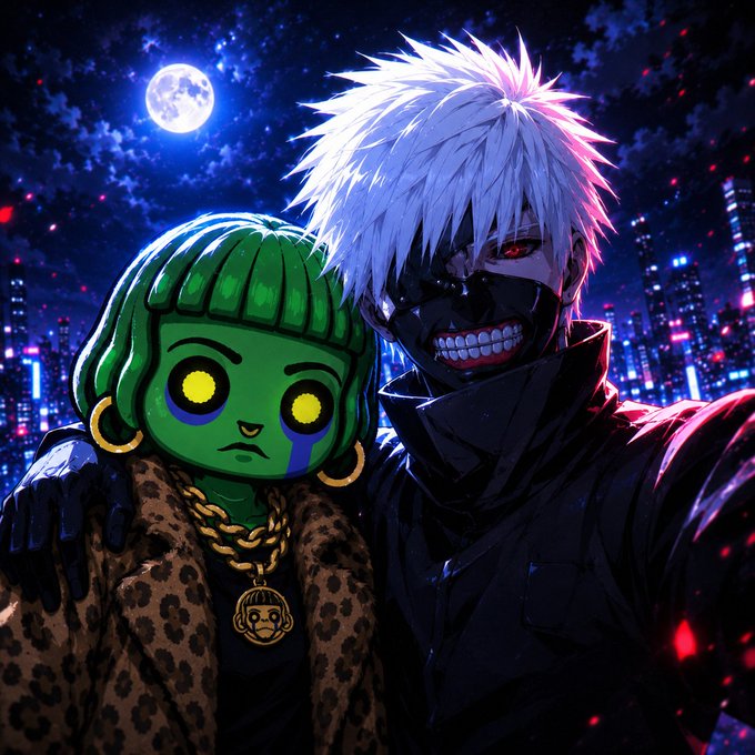 An anime-style illustration featuring a green-skinned character with yellow eyes and a gold chain pendant standing next to a white-haired character with a dark face mask and red eyes, set against a city skyline at night with a full moon.