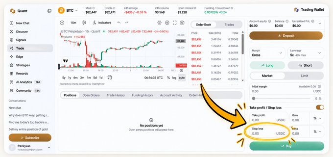 A Quant Trading Wallet interface showing the BTC perpetual market with a stop loss field highlighted by a yellow circle and orange arrow at the bottom right of the order entry panel.