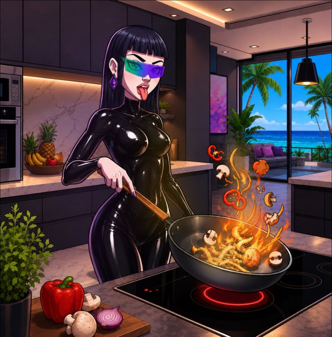 An anime-style woman in a black latex catsuit and purple sunglasses playfully cooks a stir-fry with vegetables jumping out of a flaming wok in a modern kitchen with an ocean view.
