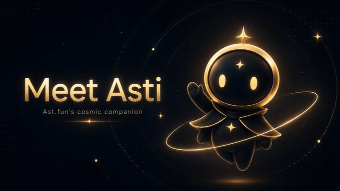 A gold and black promotional banner introducing 'Meet Asti, Ast.fun's cosmic companion,' featuring a cute astronaut character with a star on its helmet.
