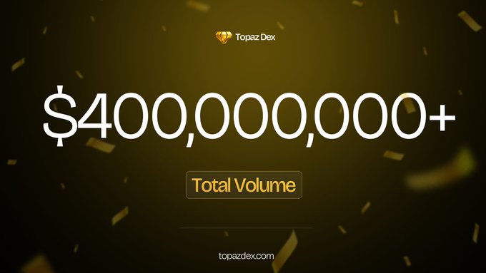 In the image, there's a large banner with the text "Topaz Dex" written above it, indicating that it's an ad for a cryptocurrency company. The main focus of the advertisement is reaching $400 million in total volume within 3 weeks after the launch of their platform on @BNBCHAIN. They emphasize that regardless of market conditions and any short-term challenges they might face during this initial period, they are determined to keep moving forward and succeed by concentrating on the importance of liquidity and aligned incentives for both buyers and sellers. The image also features small golden confetti around the words "$$$$", giving a celebratory feel and reinforcing the idea that the company has made an impressive accomplishment.