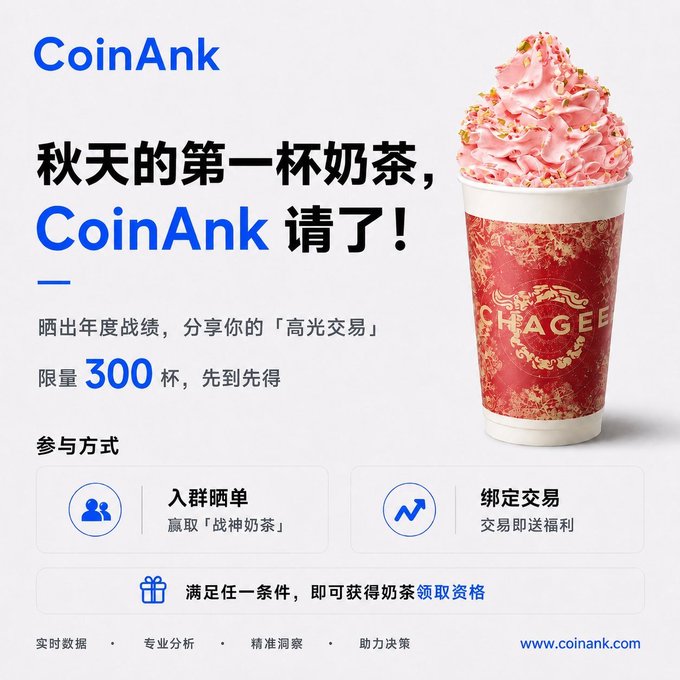 A CoinAnk advertisement promotes "秋天的第一杯奶茶" (Autumn's first milk tea) with a CHAGEE-branded cup topped with pink whipped cream, offering 300 limited cups to users who join the group or complete a trade binding. The post playfully notes that while the market didn't deliver any major moves today, CoinAnk's surprise milk tea was enough to bring some joy.