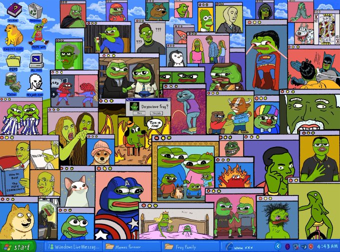 A Windows XP-style desktop wallpaper featuring a chaotic collage of various internet meme images, including Pepe the Frog, Doge, and other characters in overlapping browser windows. The taskbar shows '4:43 AM'.