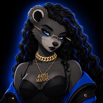 An anthropomorphic black honey badger character with long curly hair, glasses, a gold chain, and a 'RATEL MAFIAS' pendant wears a black top with a blue jacket.