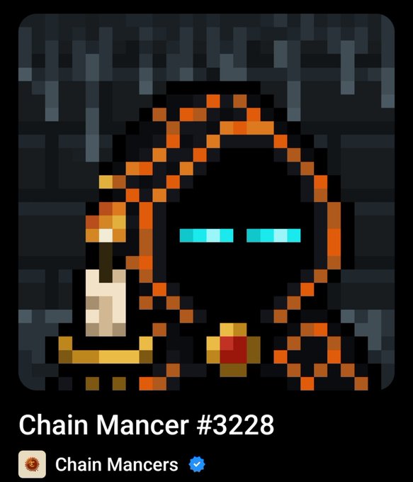 Pixel art of a character with glowing blue eyes, wearing an orange hood and holding a candle, labeled 'Chain Mancer #3228' from the 'Chain Mancers' collection.