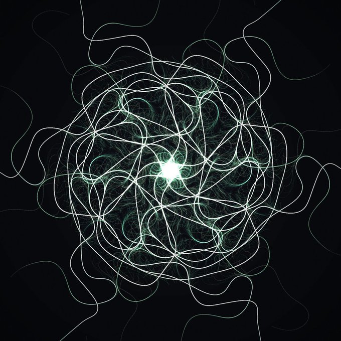 An abstract digital artwork featuring a chaotic tangle of swirling white and green lines around a bright glowing center on a black background.