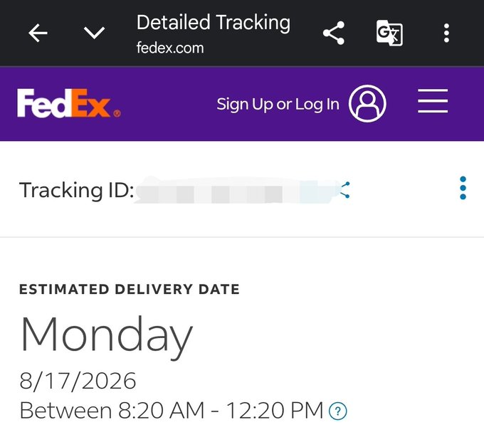FedEx detailed tracking screenshot from fedex.com showing an estimated delivery date of Monday, 8/17/2026 between 8:20 AM and 12:20 PM.