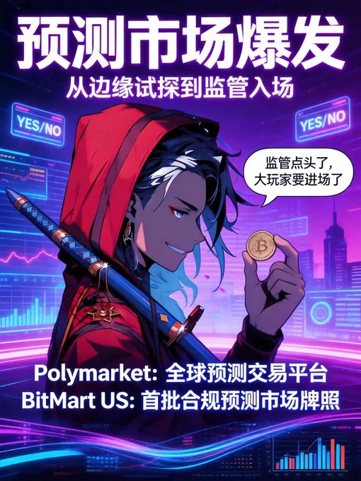 Anime-style character in a red hood holding a Bitcoin coin, with Chinese text promoting Polymarket and BitMart US as the first compliant prediction market, and a speech bubble noting "监管点头了，大玩家要进场了" (Regulators have approved, big players are entering), visually representing the post's theme of prediction markets exploding in popularity and moving from gray-area experimentation to regulatory acceptance.