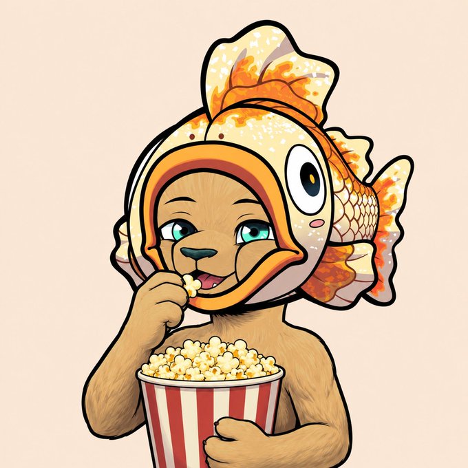 An illustration of a lion cub wearing an orange and white fish costume and eating popcorn from a red and white striped bucket.