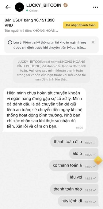 A Telegram chat screenshot shows a user named "LUCKY_BITCOIN" with a seller requesting payment of 16,151,898 VND via USDT, claiming the transfer is stuck despite having marked the order as paid, while the buyer presses them with messages like "thanh toán đi b," "ko thanh toán à," and "hủy lệnh đi." The image illustrates the post's complaint about problematic P2P traders on Binance who delay or refuse payments after receiving funds.